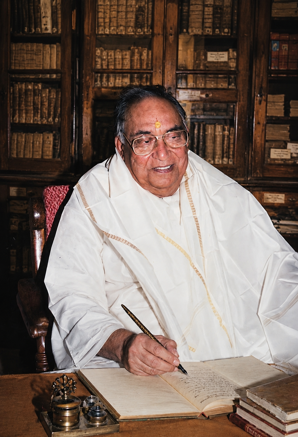 The scholar at work — composing amid the ancient manuscripts
